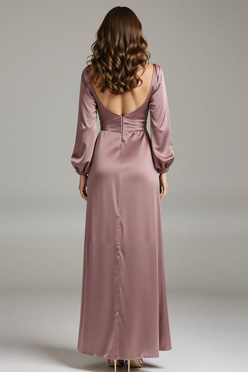 Robe formelle vintage en satin à manches longues à col en V mauve avec fente